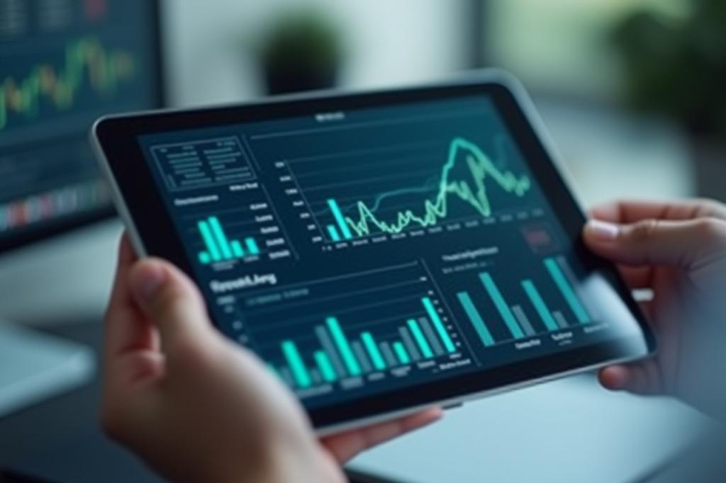 Analista che esamina grafici di dati su un tablet per previsioni di mercato